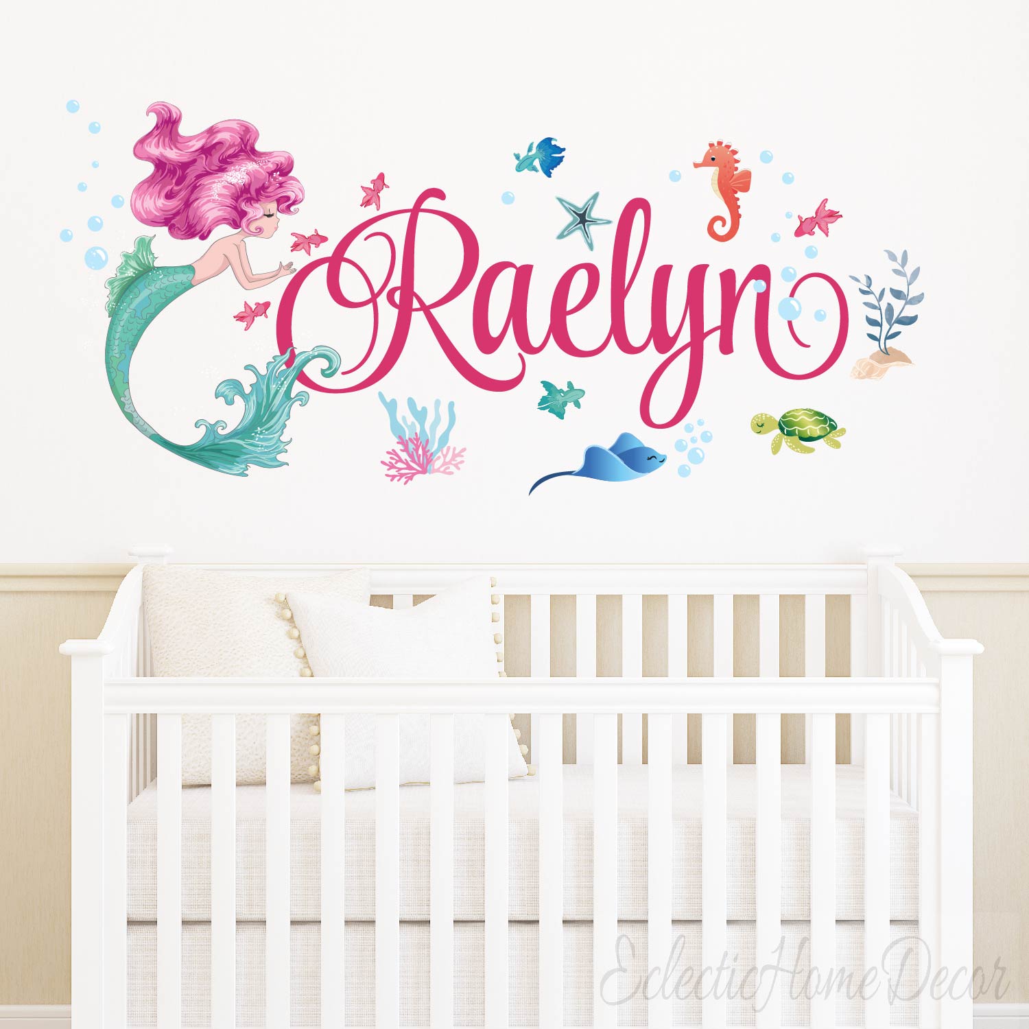 Custom mermaid wall decals with personalized name for nursery girls bedroom
