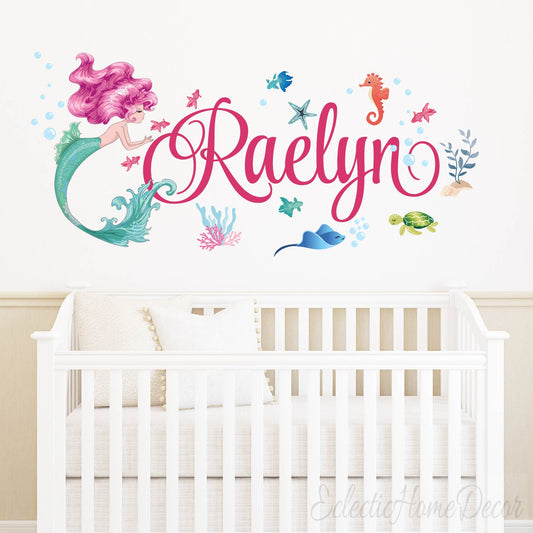 Custom mermaid wall decals with personalized name for nursery girls bedroom
