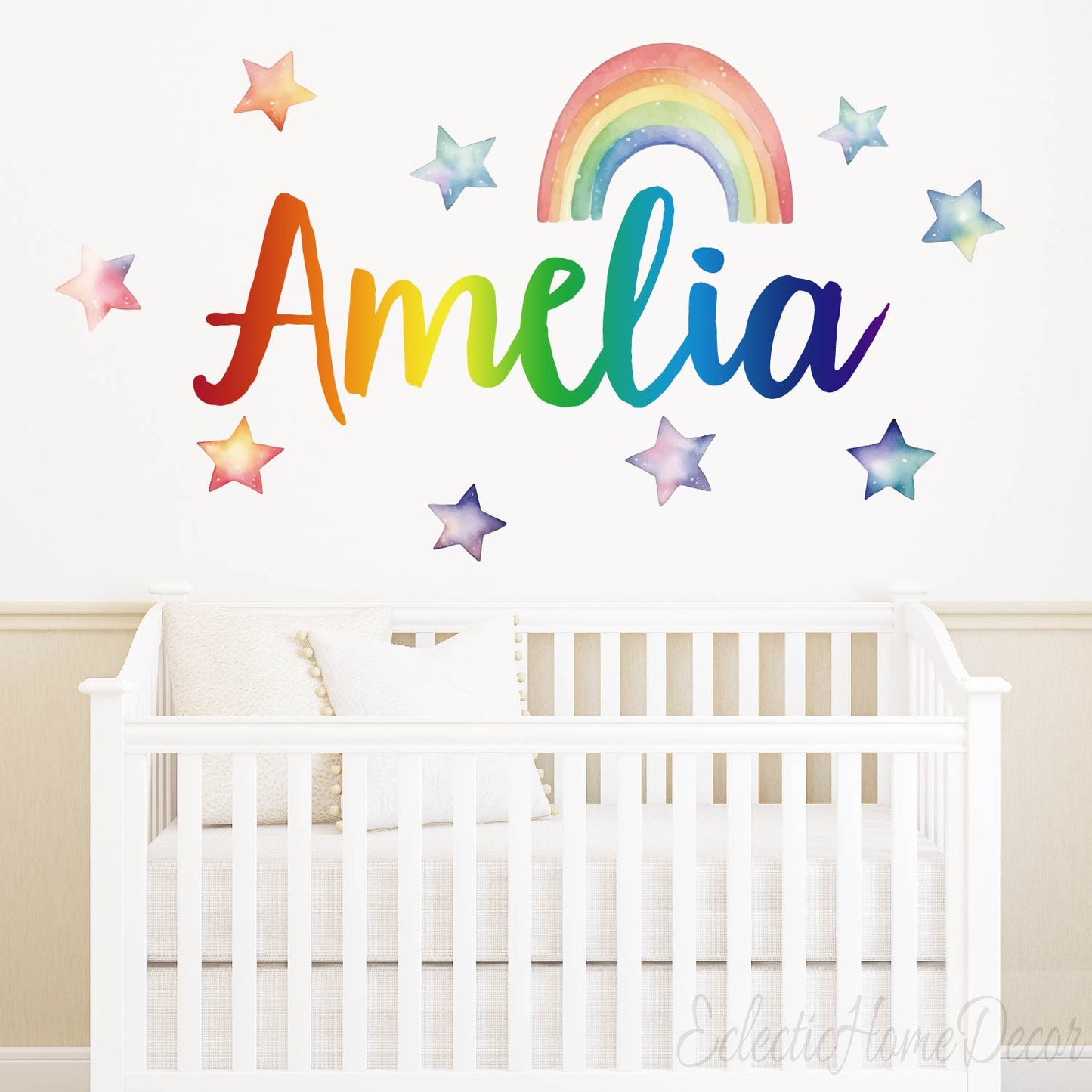 Custom girl name wall decals with watercolor stars and rainbow for nursery
