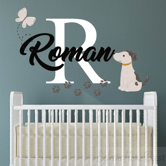 Custom dog wall decals with personalized name puppy and paw prints for nursery

