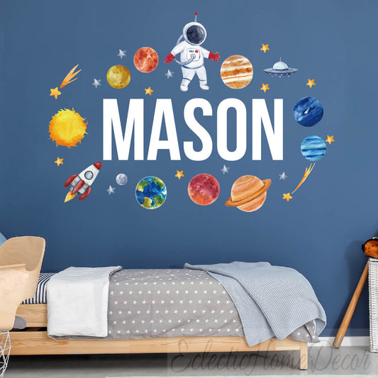 Personalized planets wall decals custom name astronaut universe for kids bedroom
