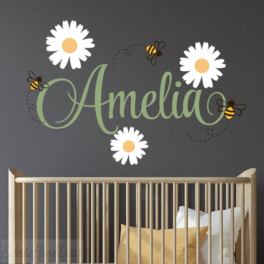 Personalized daisy flower wall decals with honey bees custom name for girls nursery
