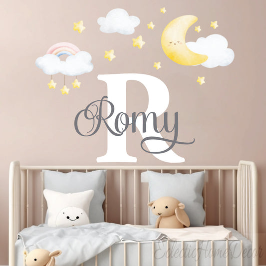 Personalized moon stars wall decals rainbow clouds custom name for baby nursery
