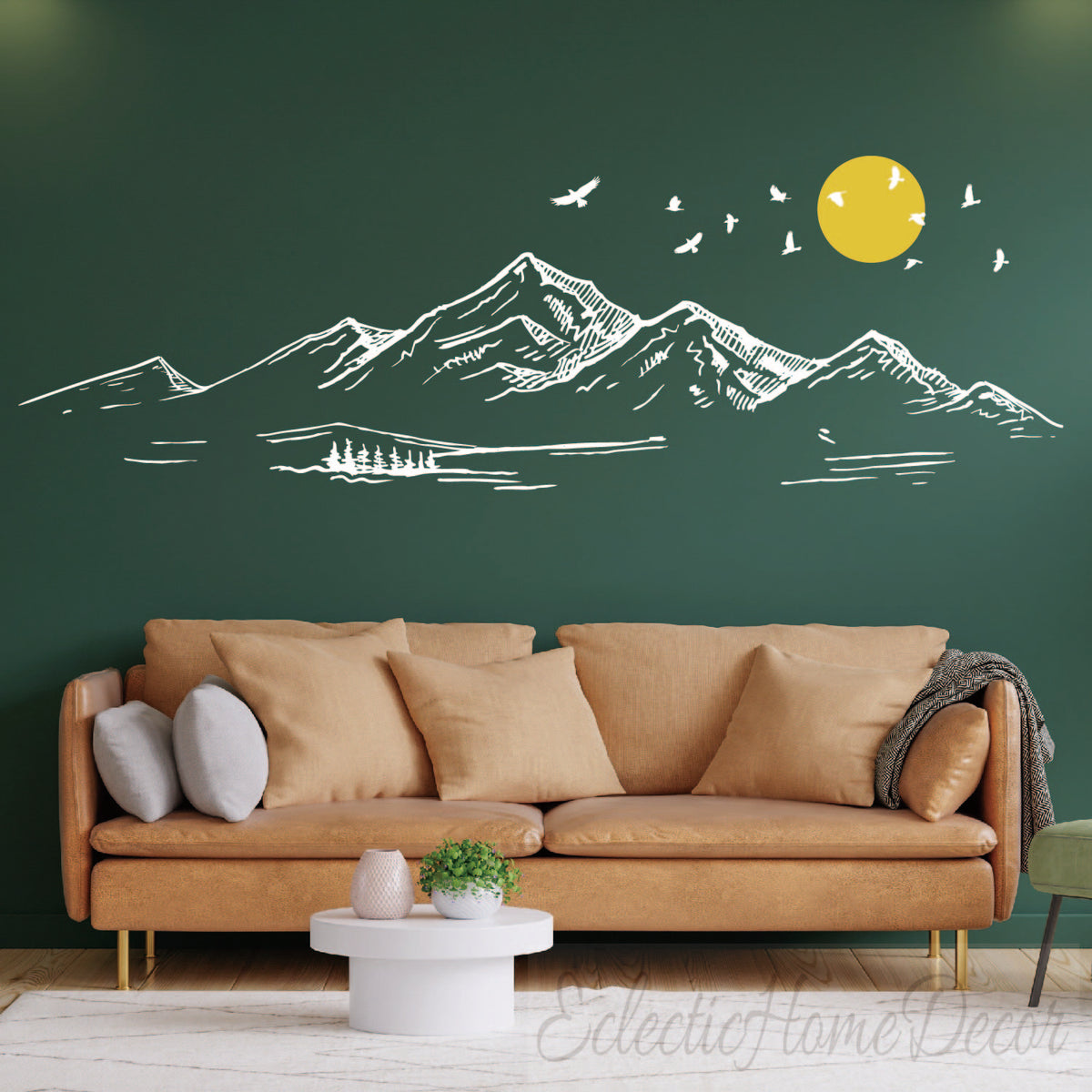 Mountain Landscape Wall Decal with Rising Sun and Flying Birds