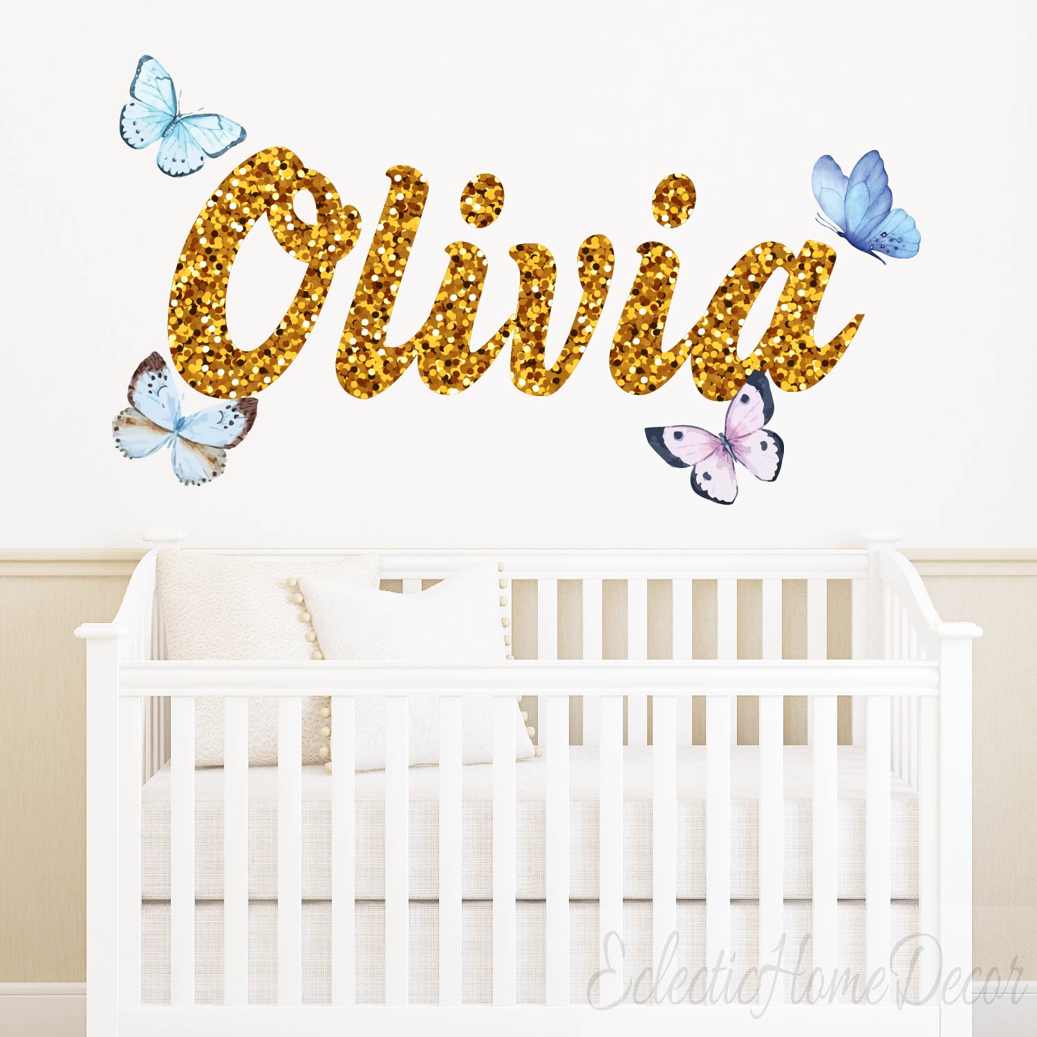 Custom butterfly wall decals with personalized name gold foil letters for girls bedroom
