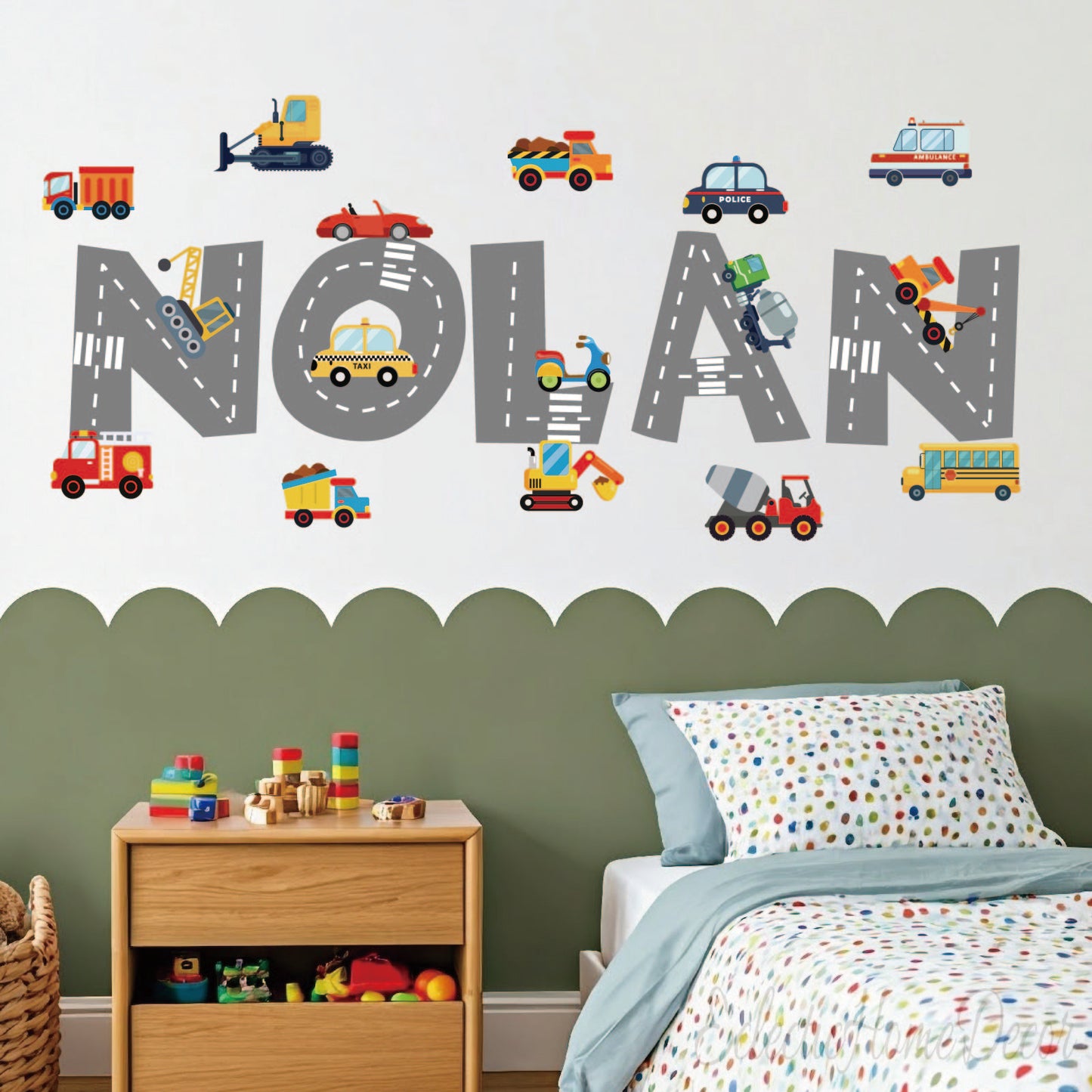 Personalized transportation wall decals custom name cars trucks for boys bedroom
