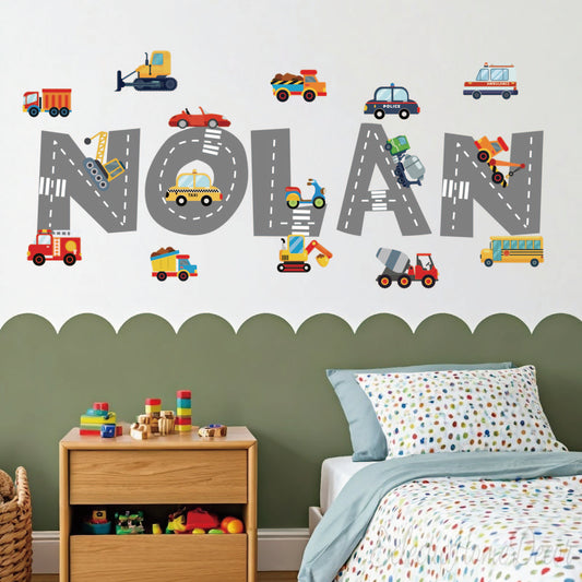Personalized transportation wall decals custom name cars trucks for boys bedroom
