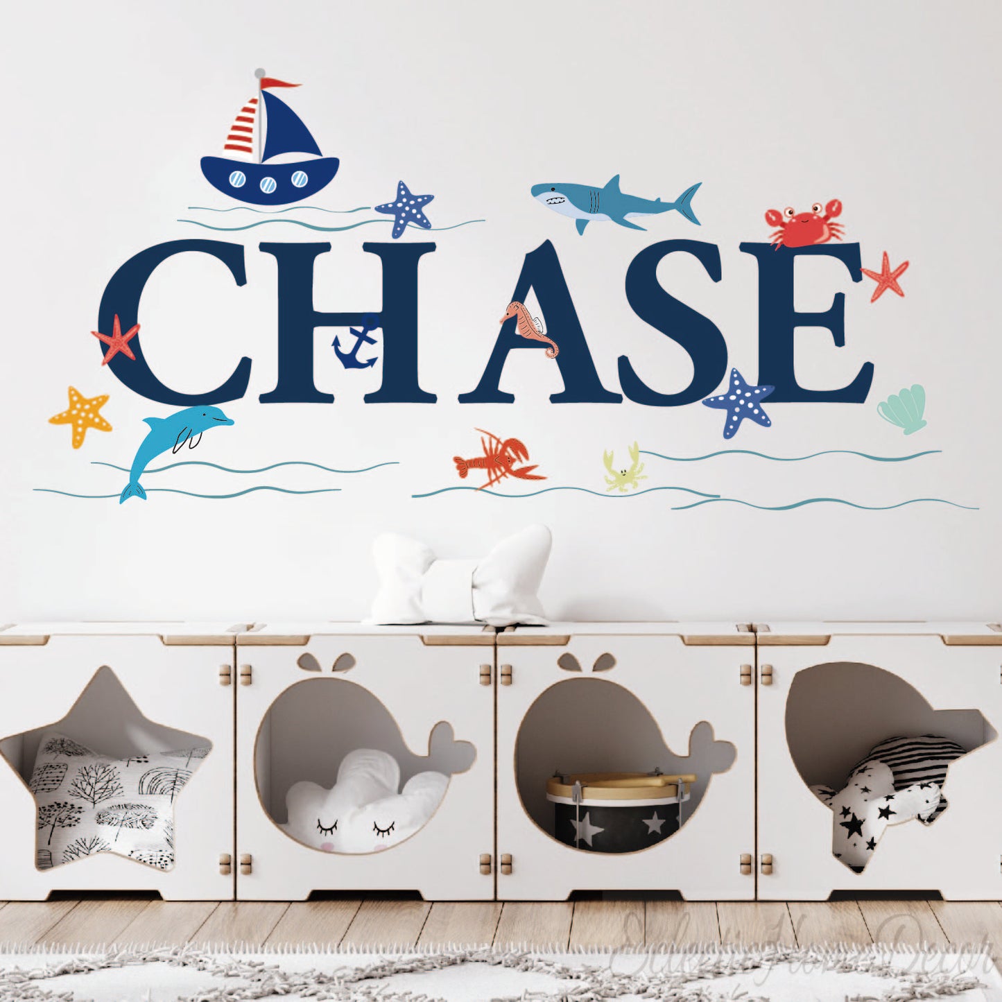 Personalized ocean creatures wall decals shark boat sea fish for boys nursery
