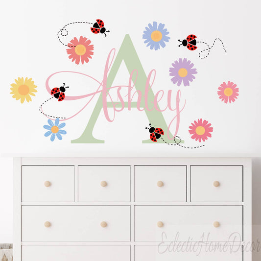 Personalized girl name wall decal with daisy flowers and ladybugs for nursery