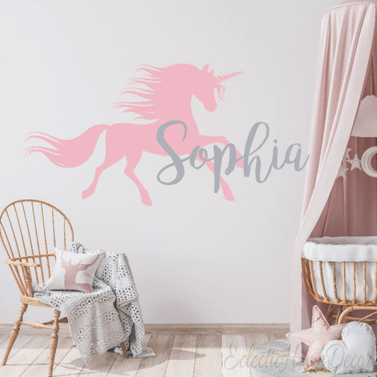 Personalized unicorn wall decals with custom name stars hearts for girls nursery
