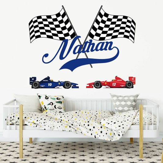 Custom race car wall decals personalized name racing flags for kids room
