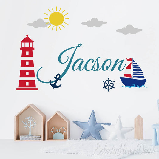 Personalized nautical wall decals sailboat anchor sun clouds for boys nursery
