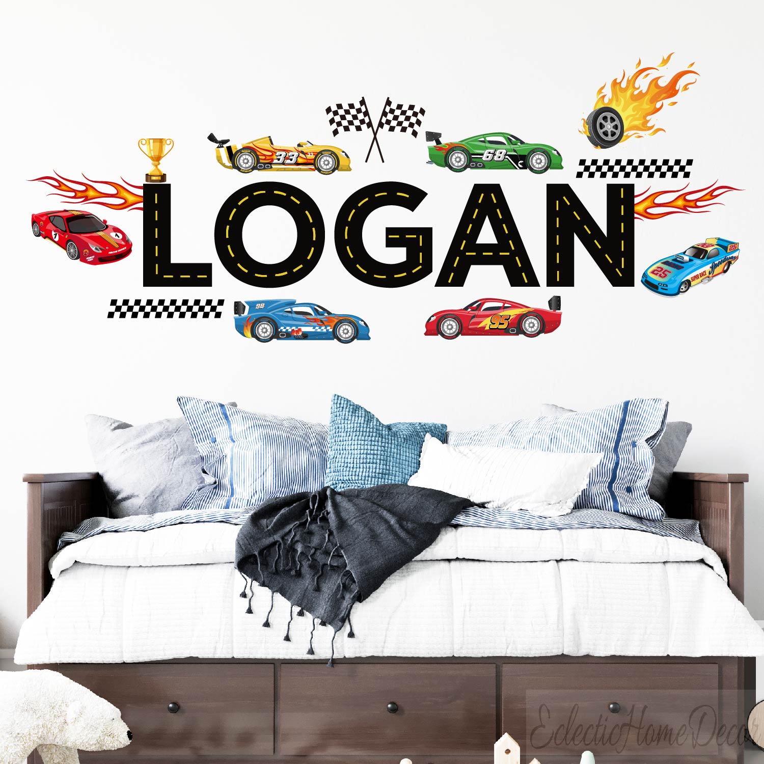 Personalized race car wall decals with planets stars custom name for boys nursery
