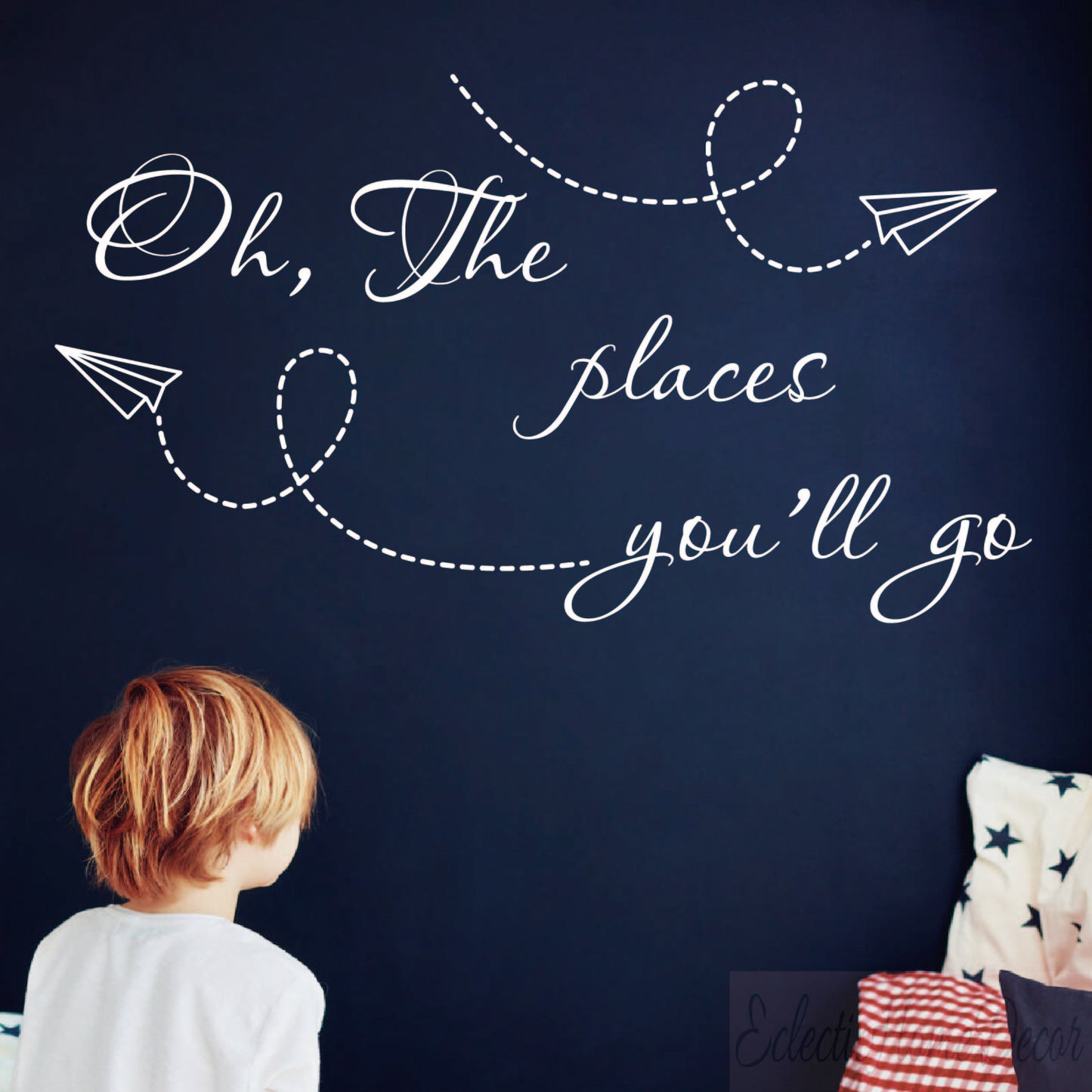 Airplane Wall Decal – "Oh the Places You'll Go" Nursery Quote Sticker, Inspirational Kids Room Decor for Boys & Girls, Pilot-Themed Vinyl Art