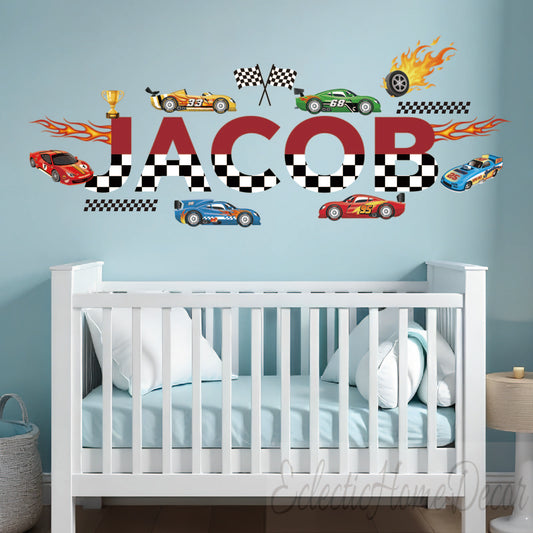 Personalized Racing Car Wall Decals for Boys – Custom Name Sports Car Peel and Stick Wall Art Decor for Kids Room, Easy to Apply