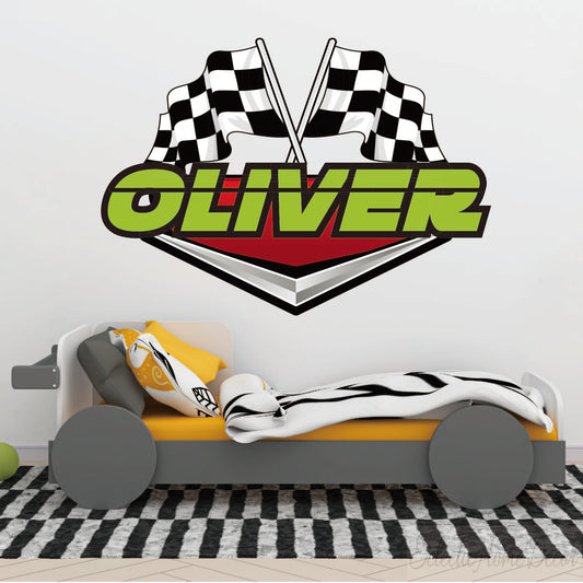 Personalized Racing Wall Decal - Custom Name Vinyl Lettering with Checkered Flags, Peel and Stick Race Car Theme Decor for Boys Bedroom or Kids Playroom