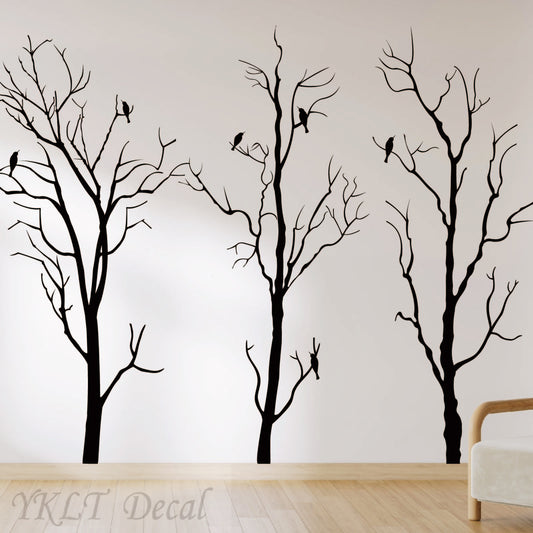 Large black tree wall decals with birds for living room and bedroom decoration
