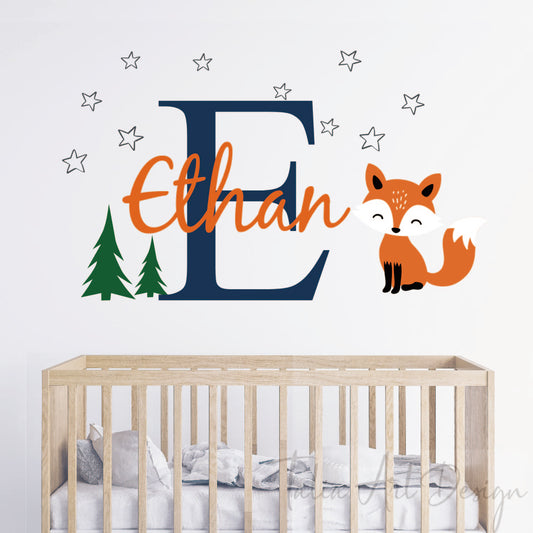 Personalized woodland fox wall decal with custom name for kids room
