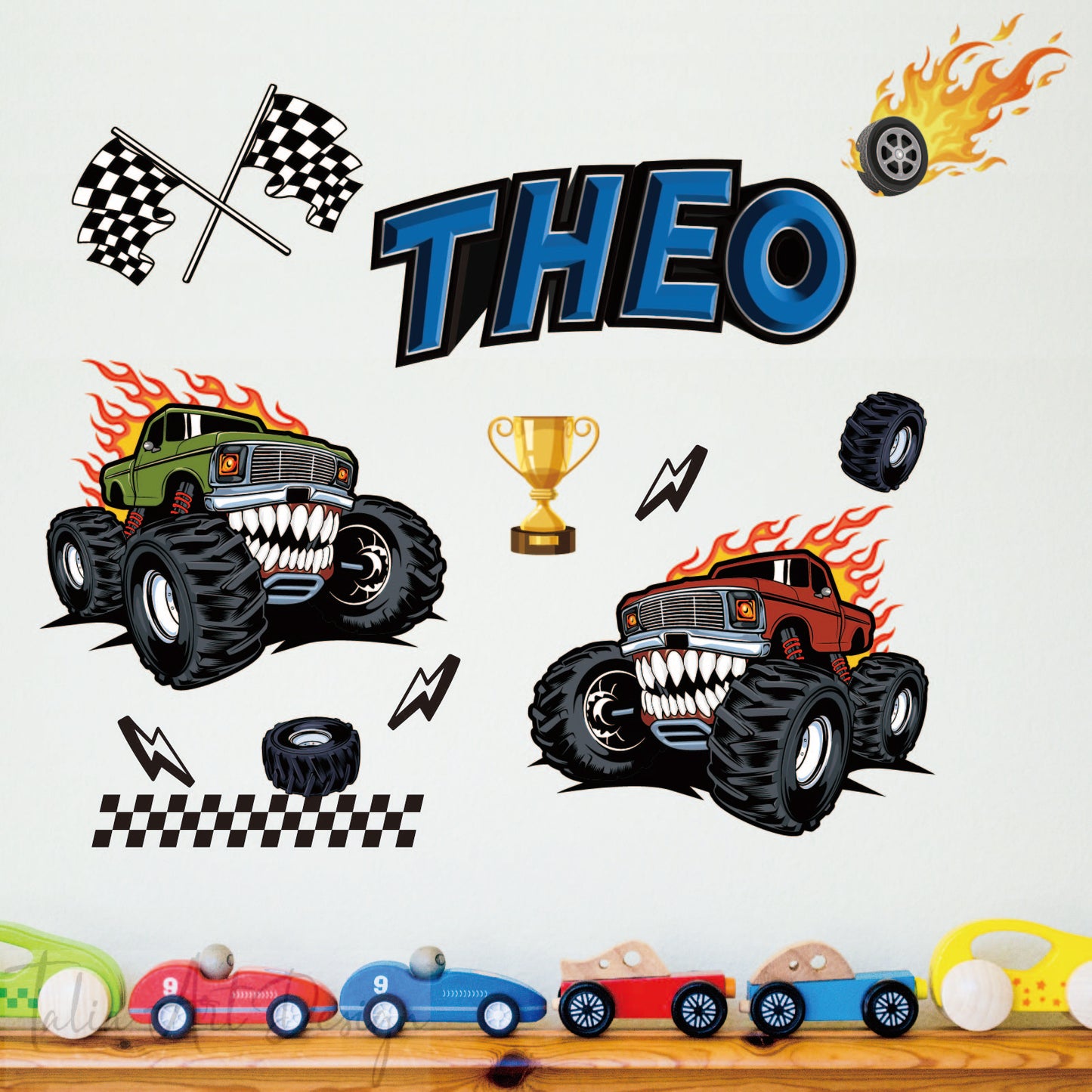 Custom Monster Truck Name Wall Decal Boy Room Nursery Fire Vinyl Sticker Gift