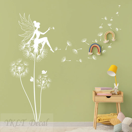 Fairy Dandelion Wall Decal - Whimsical Girls Nursery Room Decor, Peel and Stick Vinyl Wall Sticker for Kids Bedroom, Baby Girl Playroom Decoration