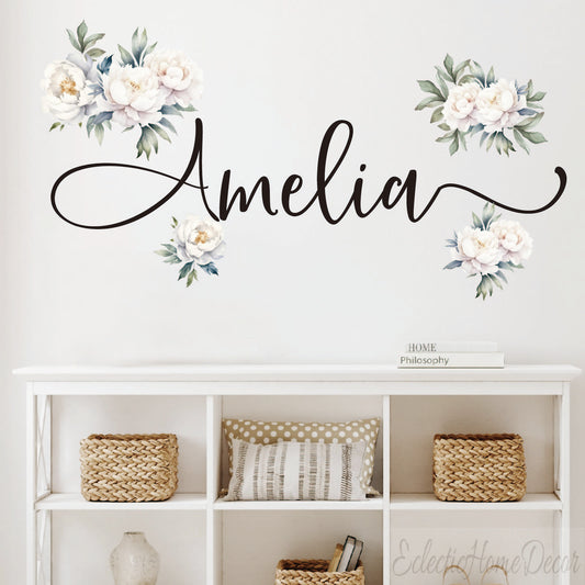 Personalized peony butterfly wall decals floral custom name for girls nursery
