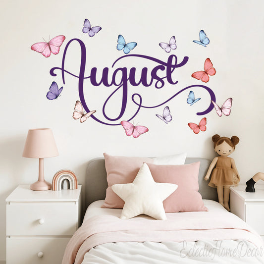 Personalized Watercolor Butterfly Wall Decal Custom Floral Girl Name Sticker for Nursery Kids Room Decor