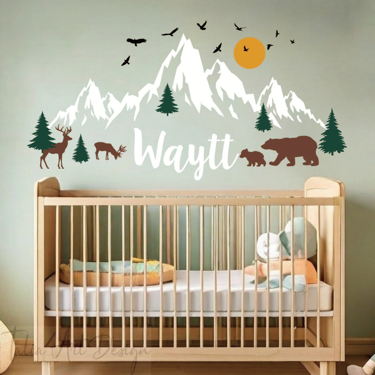 Personalized Mountain Woodland Wall Decal - Custom Name Nursery Nature Vinyl Sticker