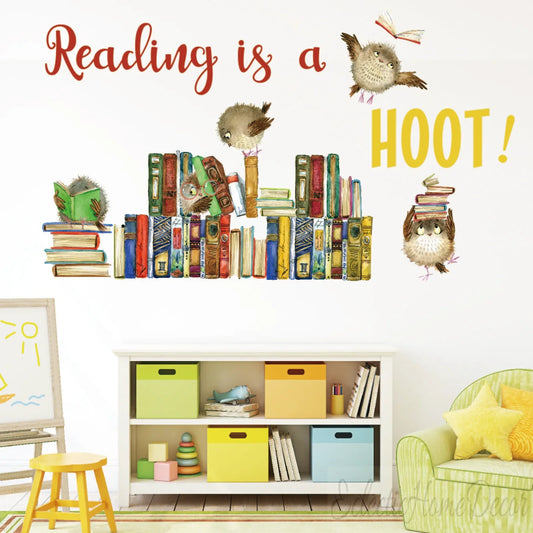 Reading is a hoot wall decal with cute owls and colorful books, kids room nursery decor by YKLT Decals