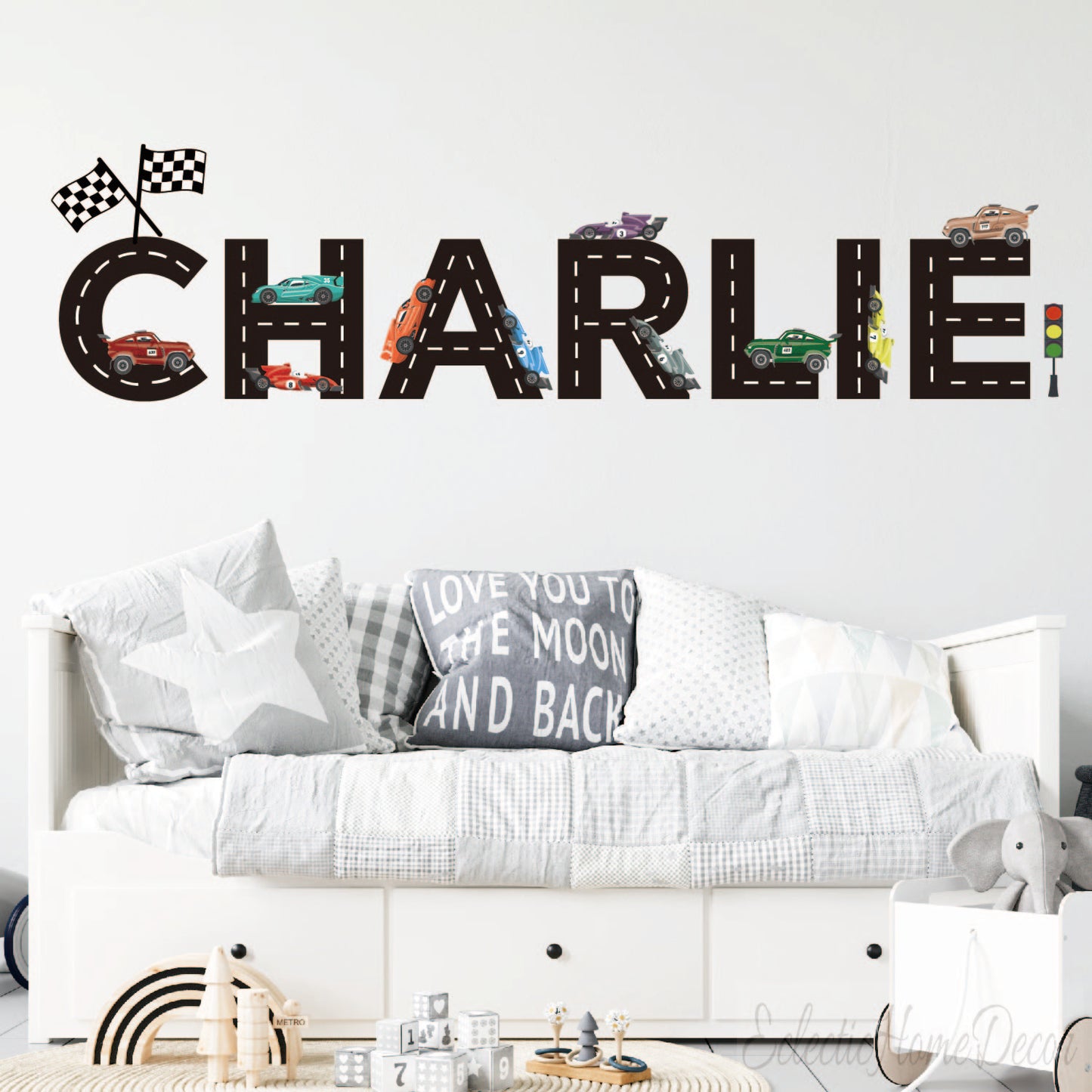 Personalized race car wall decals with custom name for boys room nursery
