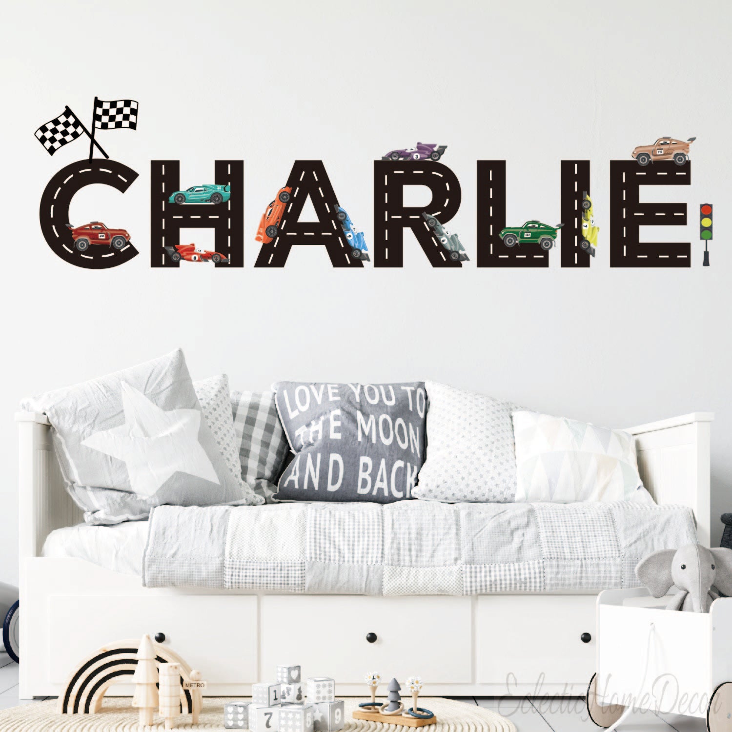 Personalized race car wall decals with custom name for boys room nursery
