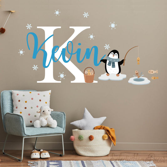 Penguin Custom Name Wall Stickers - Personalized Nursery Decor for Baby Girl Boy Room | Waterproof Removable Vinyl Decals, DIY Kids Bedroom Wall Art, Heartfelt Room Accent