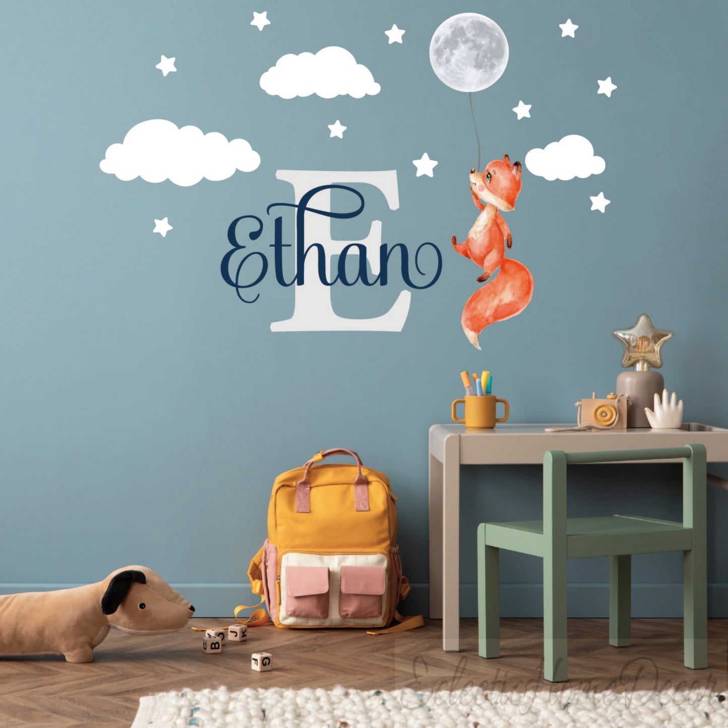 Custom name fox wall decal with moon and stars - personalized nursery sticker
