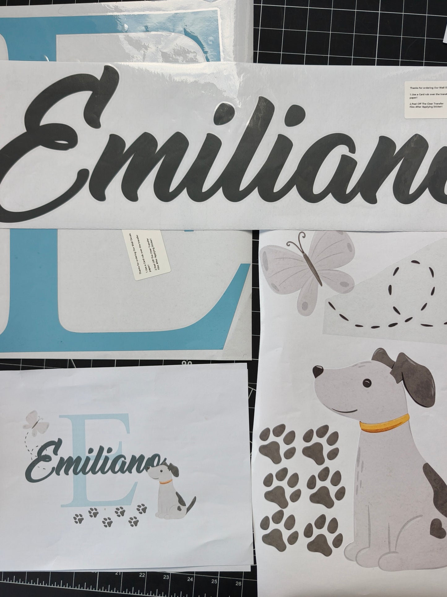 Custom dog wall decals application guide or size chart with personalized name options for kids room
