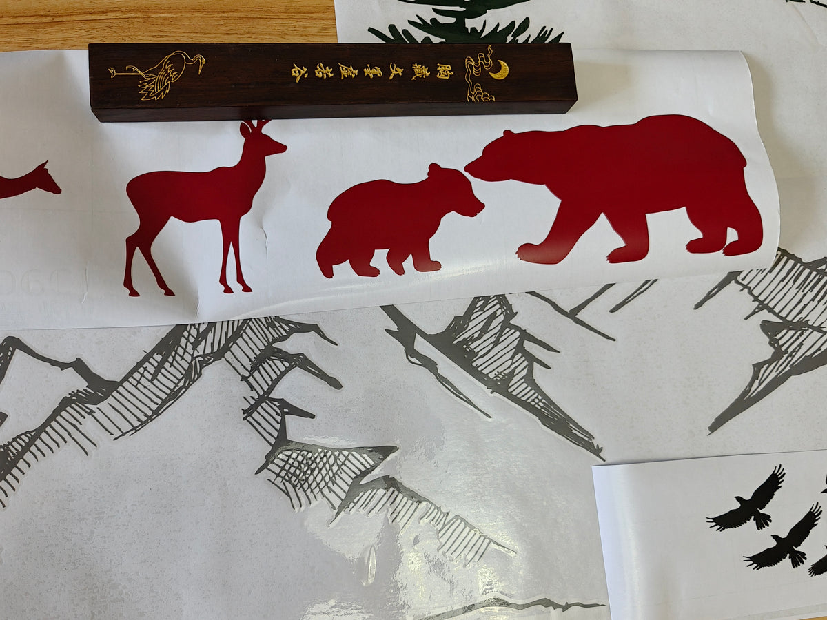 Mountain Landscape Wall Decal with Pine Trees, Sun, and Woodland Animals