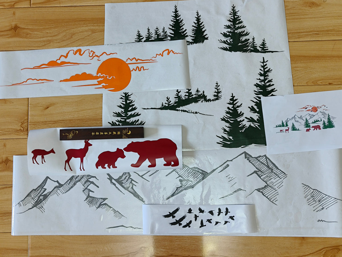 Mountain Landscape Wall Decal with Pine Trees, Sun, and Woodland Animals