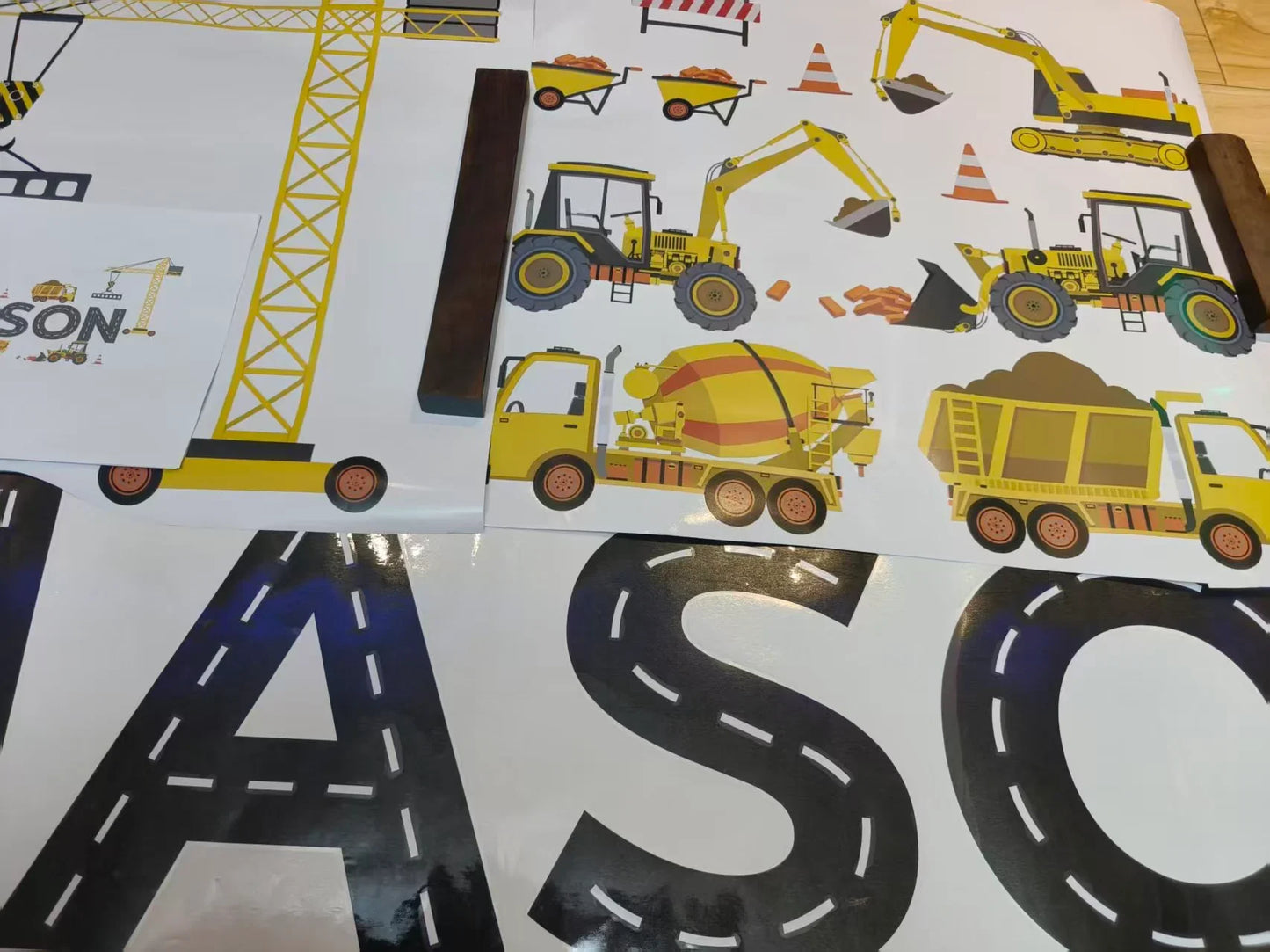 Construction vehicle wall decals set with crane, trucks, and road letters from YKLT Decals