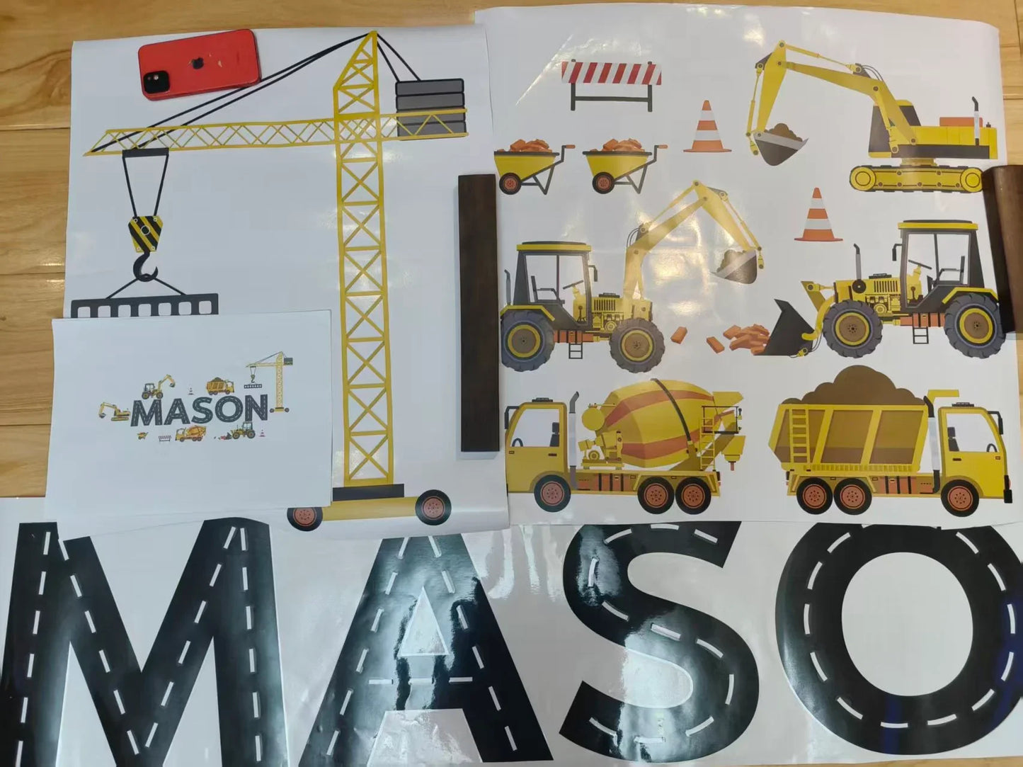 Construction vehicle and crane wall decals with personalized MASON name for kids room decor