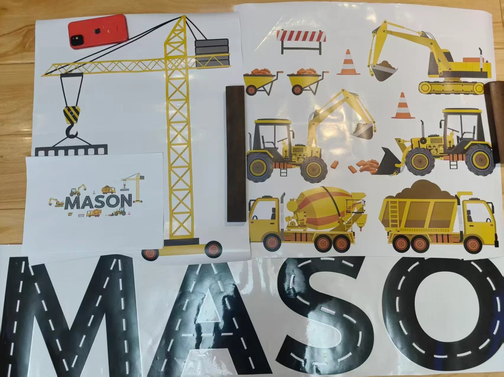 Construction vehicle and crane wall decals with personalized MASON name for kids room decor