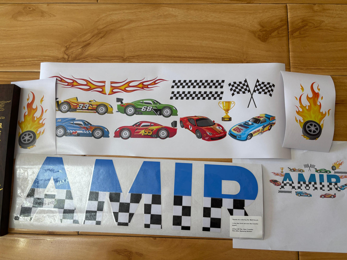 Personalized racing car wall decals with custom name for boys room
