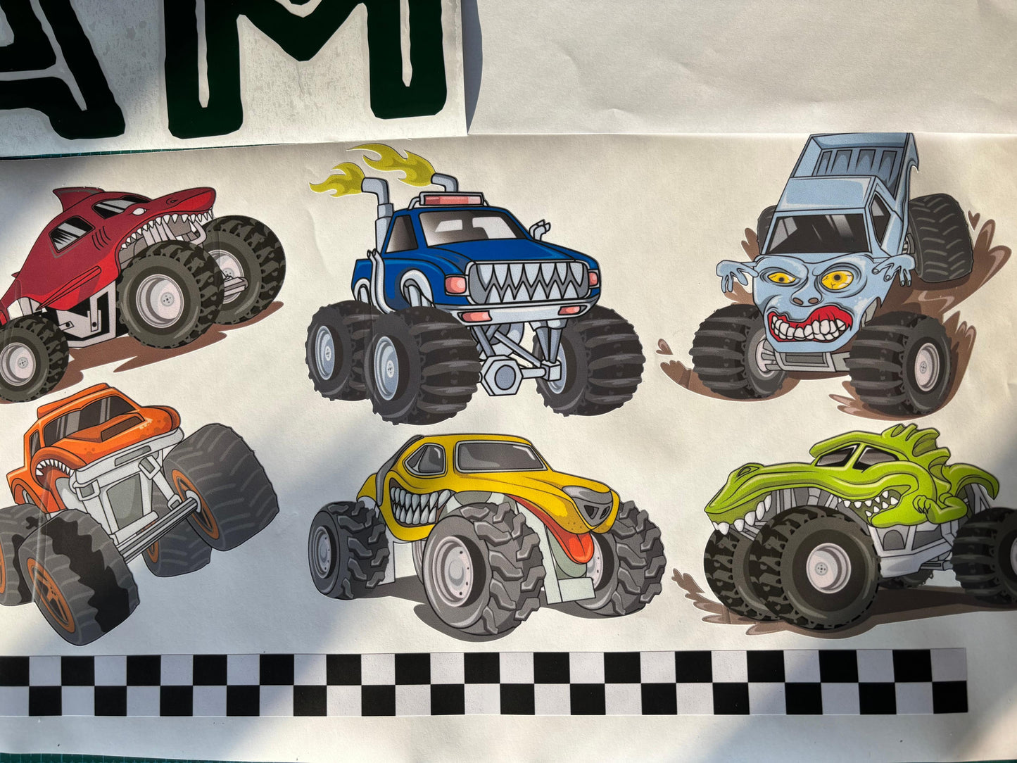 Monster truck wall stickers with trophy fire and cars for kids room
