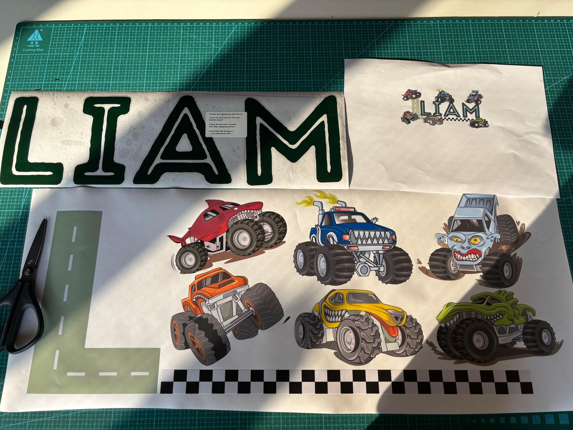 Personalized monster truck wall decals with custom name for boys bedroom
