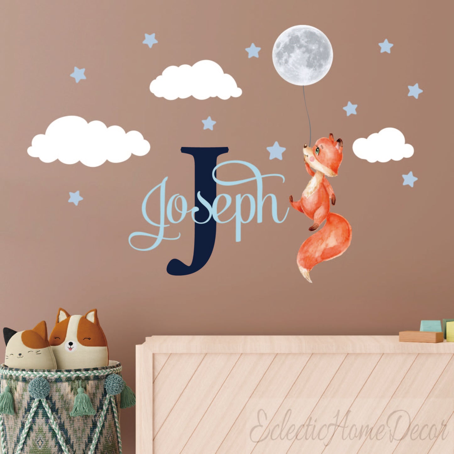 Fox moon stars vinyl wall decal - removable personalized nursery room art
