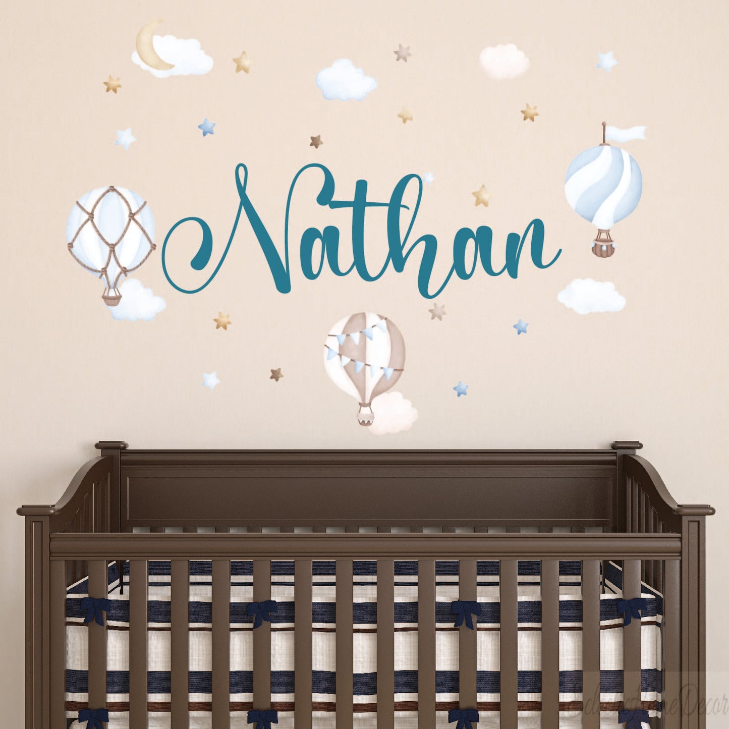 Custom Baby Name Wall Decal - Personalized Hot Air Balloon & Cloud Nursery Stickers Unique Room Decor for Girls & Boys, Waterproof Removable Vinyl, Easy to Apply