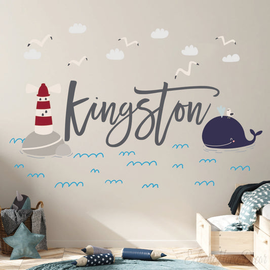 Custom name lighthouse whale wall stickers nautical for nursery bedroom
