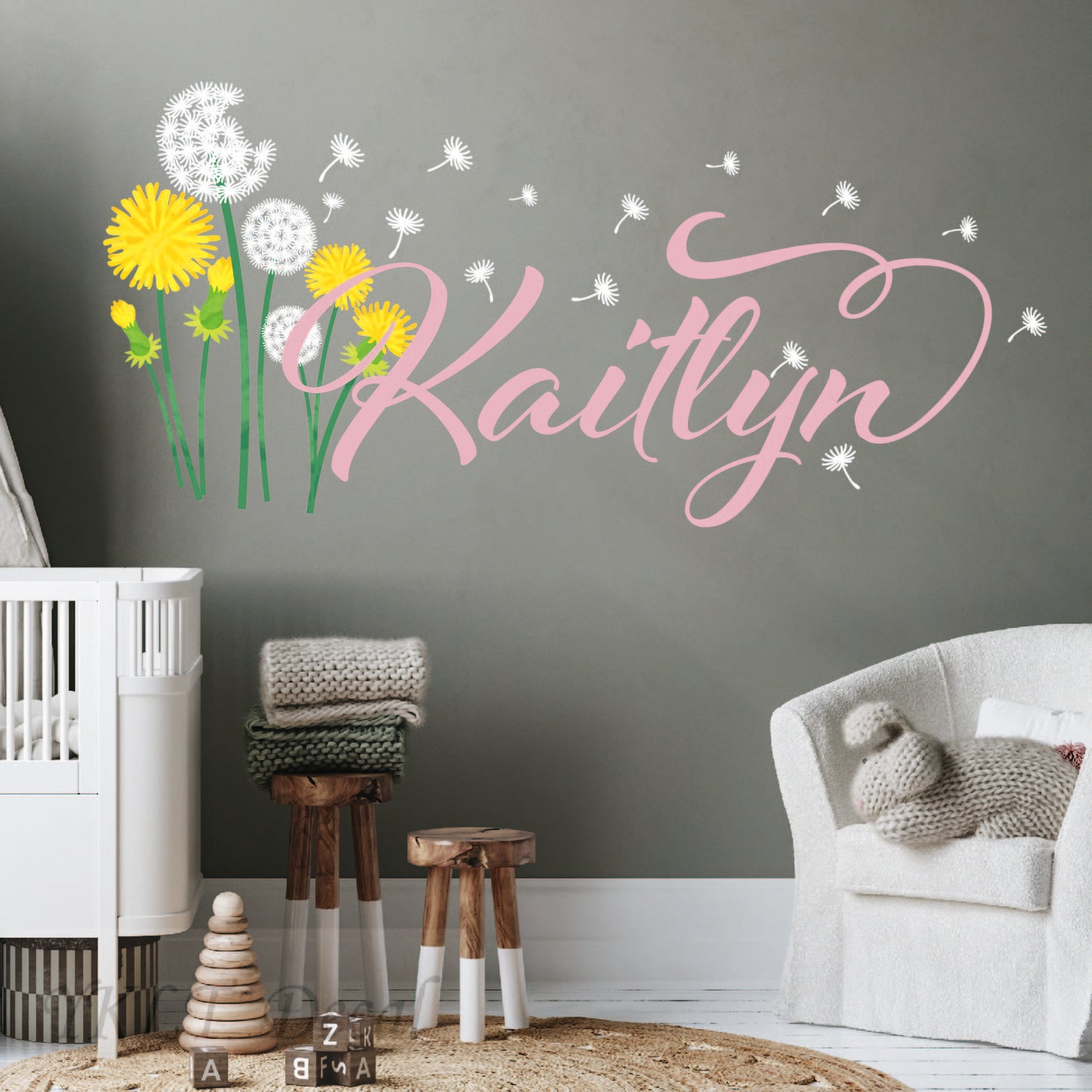 Custom name dandelion wall stickers delicate floral for kids bedroom
