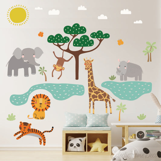 Safari animal wall stickers elephant monkey tree for kids bedroom
