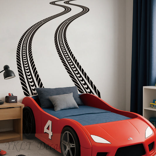 Tire tracks wall decals realistic tire tread marks for kids racing bedroom
