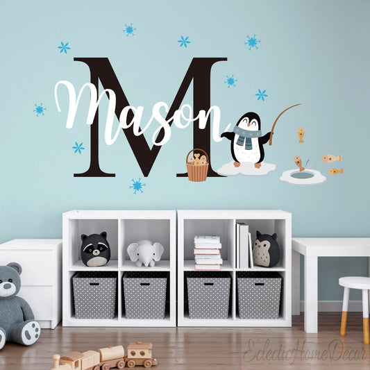 Penguin Custom Name Wall Stickers - Personalized Nursery Decor for Baby Girl Boy Room | Waterproof Removable Vinyl Decals, DIY Kids Bedroom Wall Art, Heartfelt Room Accent