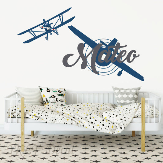 Custom name airplane wall stickers aviation theme for kids playroom
