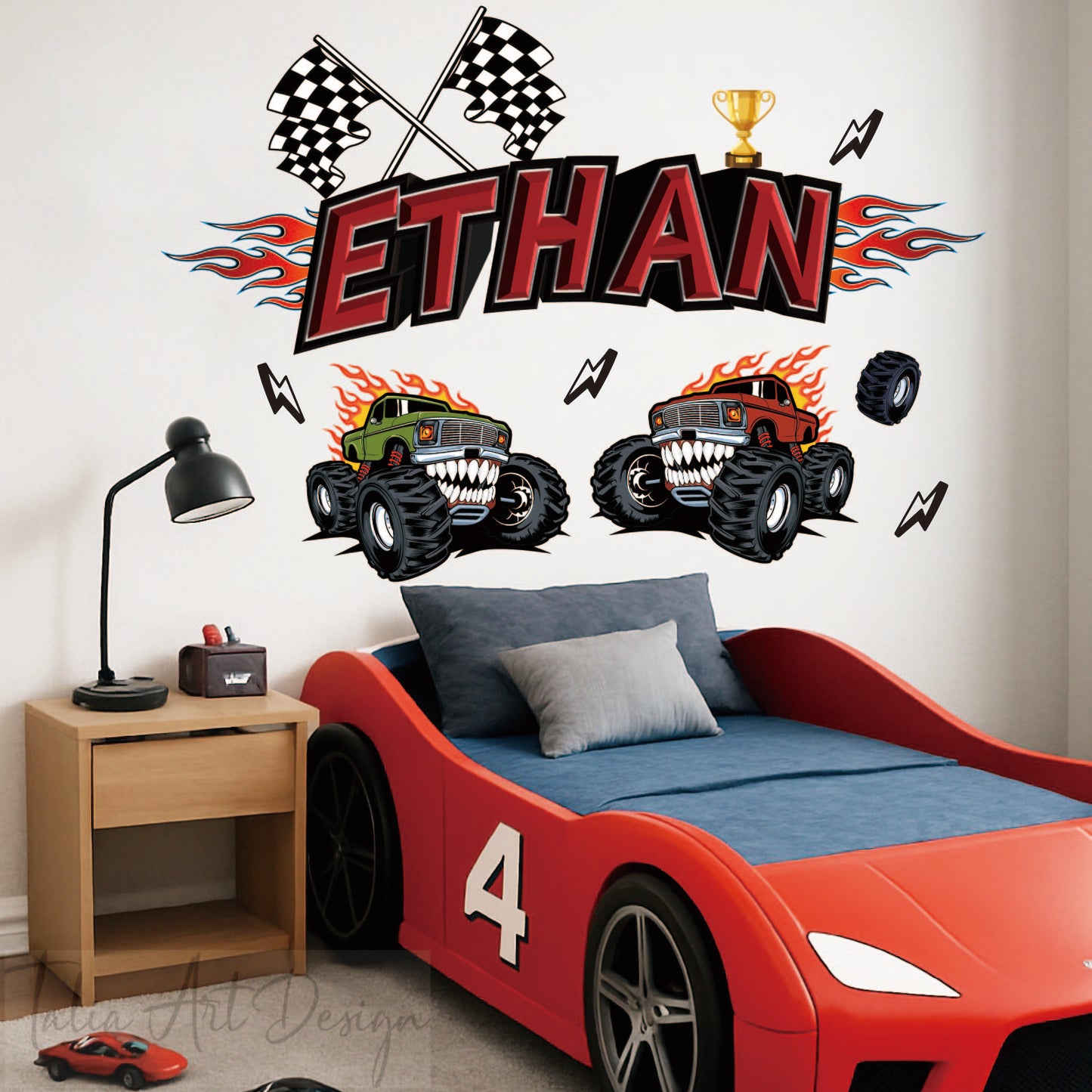 Custom Monster Truck Name Wall Decal Boy Room Nursery Fire Vinyl Sticker Gift